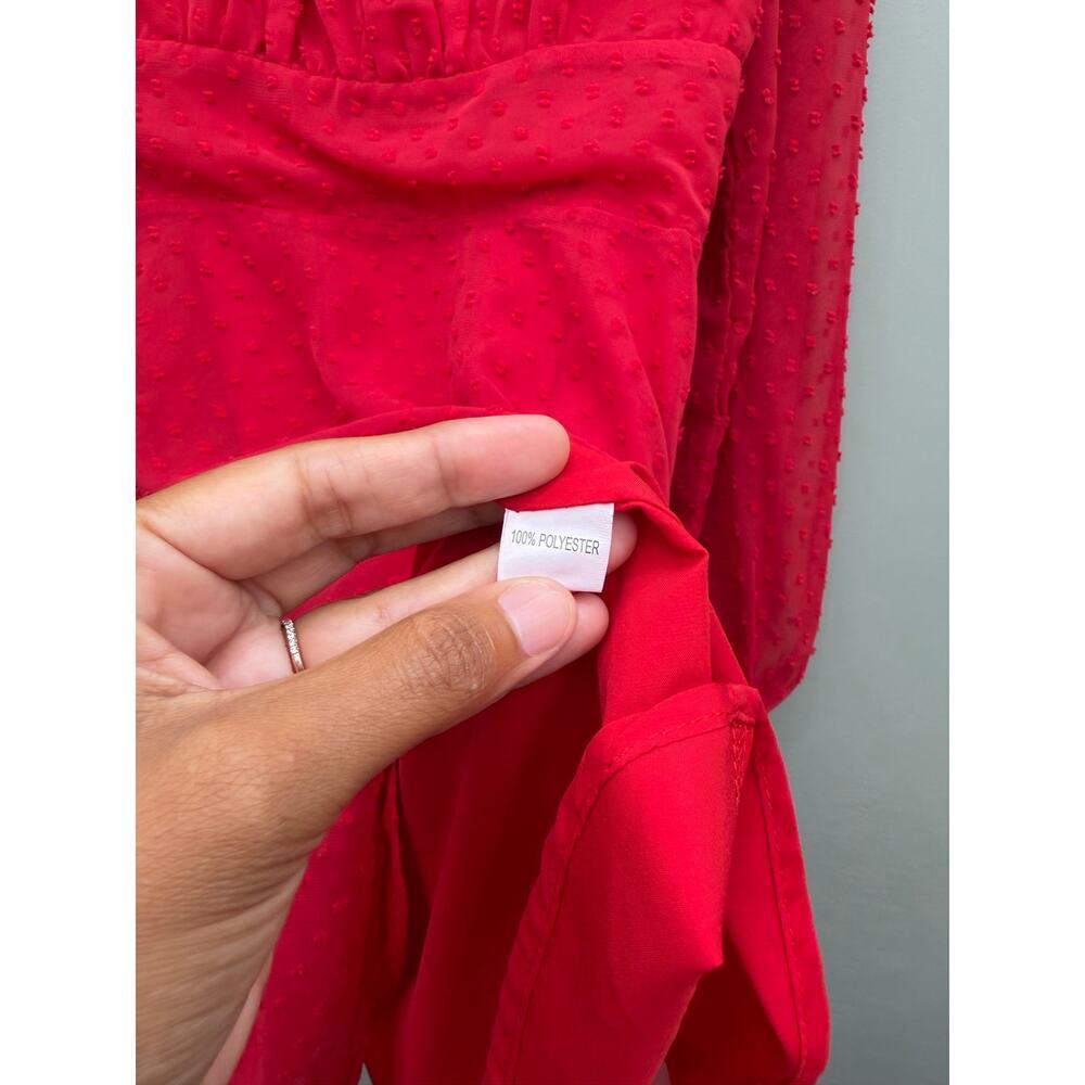 Women's Red Swiss Dot Mini Dress Puff Sleeve Square Neck Size S - Picture 3 of 5
